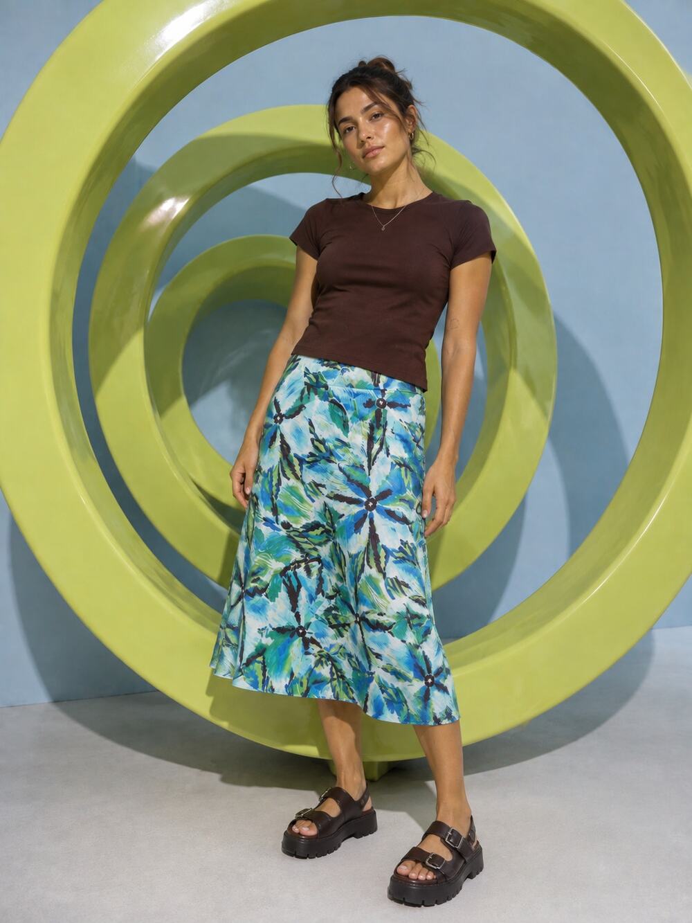 Briggs New York Tropical Palm Print Midi Skirt Size L NWT